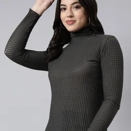 SHOWOFF Self Design High Neck Long Sleeves Opaque Fitted Casual Top-image-80