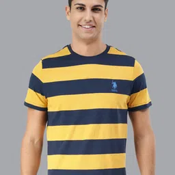 U.S. POLO ASSN. MEN NAVY BLUE & ORANGE STRIPED BRAND LOGO EMBROIDERED PURE COTTON T-SHIRT-image-41