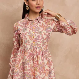 all about you Floral Printed Shirt Collar Pleated Anarkali Kurti-image-27