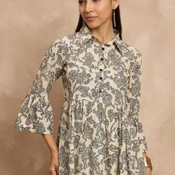 all about you Beige Paisley Printed Shirt Collar A-Line Kurti-22