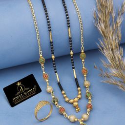 JEWEL WORLD Set Of 3 Gold-Plated Stone Studded & Beaded Mangalsutra With Ring-image-21