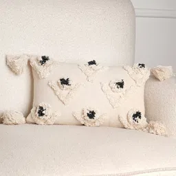 Art Avenue Cream-Coloured & Black Self Design Cotton Rectangle Cushion Cover-image-35