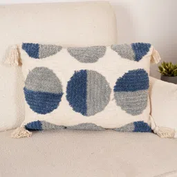 Art Avenue White & Blue Self Design Rectangle Cushion Cover-13