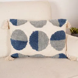 Art Avenue Cream-Coloured & Blue Self Design Cotton Rectangle Cushion Cover-image-48