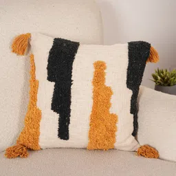 Art Avenue Cream-Coloured & Mustard Embroidered Square Cushion Cover-17