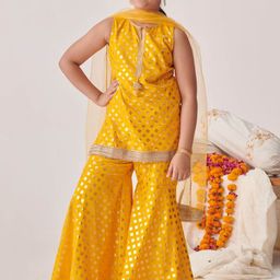 pspeaches Girls Floral Printed Regular Gotta Patti Kurta with Sharara & With Dupatta-picture-14