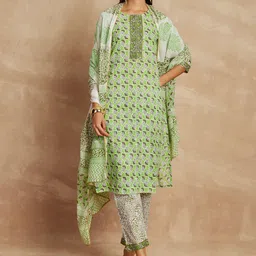 all about you Ethnic Motifs Printed Pure Cotton Straight Kurta & Trousers With Dupatta-26