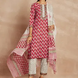 all about you Ethnic Motifs Printed Pure Cotton Straight Kurta & Trousers With Dupatta-35