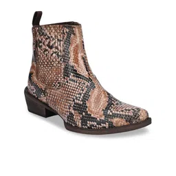 CARLO ROMANO Women Brown & Black Animal Printed Genuine Leather Flat Boots-image-74