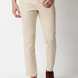 Basics Men Beige Solid Cotton Tapered Fit Trousers-image-33