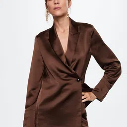MANGO Women Brown Solid Satin Double-Breasted Sustainable Blazer-image-59