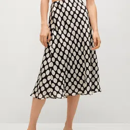 MANGO Black & White Polka Dot Print Crinkled Midi Flared Skirt-image-76