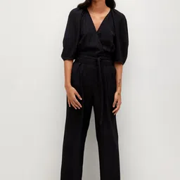MANGO Women Black Self-Checked Velvet Finish Wrap Basic Jumpsuit with Belt-picture-4