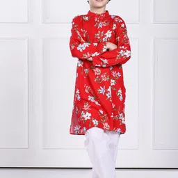 THE PONY & PEONY CO. Boys Floral Printed Mandarin Collar Regular Kurta with Pyjamas-picture-16