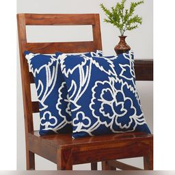 Aura Blue & White 2 Pieces Floral Cotton Square Cushion Covers-53