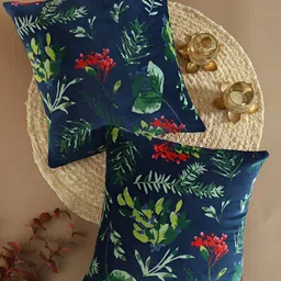 TARAN LIVING Blue & Green 2 Pcs Floral Square Cotton Cushion Covers-image-86