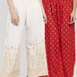 Clora Creation Women Pack Of 2 Cream-Coloured & Red Printed Knitted Palazzos-picture-7