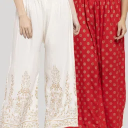 Clora Creation Women Pack Of 2 White & Red Floral Printed Knitted Ethnic Palazzos-image-81