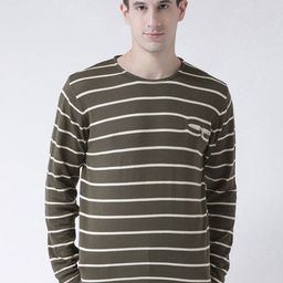 Club York Men Olive Green & Cream-Coloured Striped Pullover-picture-38