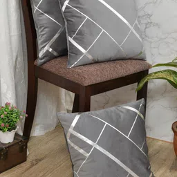 Clasiko Grey & Silver-Toned Set of 3 Geometric Velvet Square Cushion Covers-13