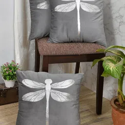 Clasiko Grey & Silver-Toned Set of 3 Butterfly Velvet Square Cushion Covers-picture-53