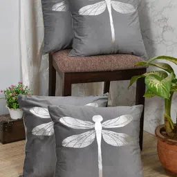 Clasiko Grey & Silver-Toned Set of 4 Butterfly Velvet Square Cushion Covers-16