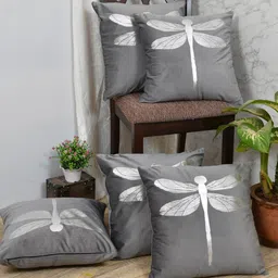 Clasiko Grey & Silver-Toned Set of 5 Butterfly Velvet Square Cushion Covers-image-92