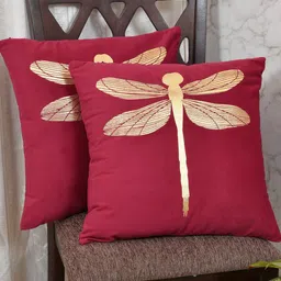 Clasiko Red & Gold-Toned Set of 2 Butterfly Velvet Square Cushion Covers-15