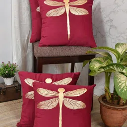 Clasiko Red & Gold-Toned Set of 4 Quirky Velvet Square Cushion Covers-6