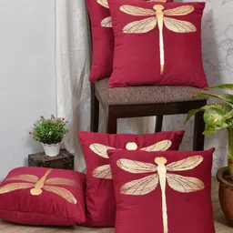 Clasiko Red & Gold-Toned Set of 5 Quirky Velvet Square Cushion Covers-image-82