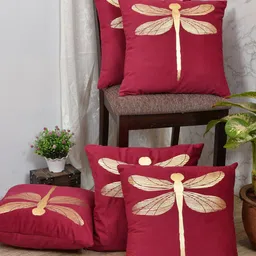 Clasiko Red & Gold-Toned Set of 5 Butterfly Velvet Square Cushion Covers-42