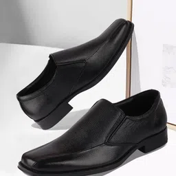 FAUSTO Men Black Solid Leather Formal Slip-On Shoes-image-43