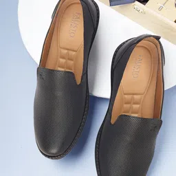 FAUSTO Men Black Solid Leather Formal Slip On Shoes-image-8