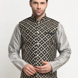 KRAFT INDIA Ethnic Motifs Embroidered Mandarin Collar Zari Nehru Jacket-3