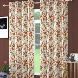 RIDHAAN Orange & White Set of 2 Floral Room Darkening Long Door Curtain-18