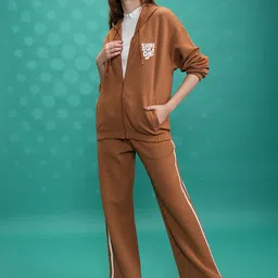 Tokyo Talkies Brown Self-Design Hooded Jacket With Track Pant Co-Ords-image-53