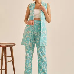 Alaya By Stage3 Embroidered Pure Cotton Coat With Top & Trousers Co-Ords-image-1