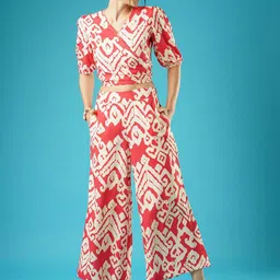 Globus Red & White Abstract Printed Puff Sleeves Wrap Crop Top & Trousers-28