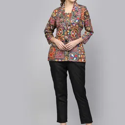 Get Glamr Ethnic Printed Crop Top And Trousers With Jacket-21