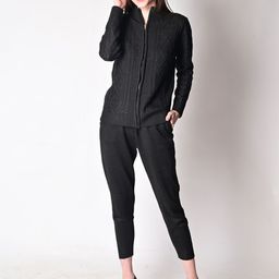 NoBarr Women Black Acrylic Cable Knit Zipper Jacket with Jogger Co-Ord Set-32