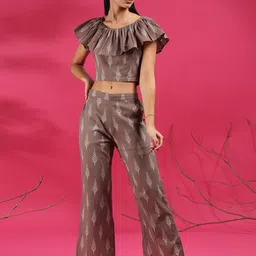 JISORA Women Brown & Grey Printed Pure Cotton Crop Top & Trouser Co-Ord Set-17