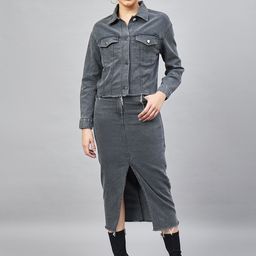 Chemistry Washed Effect Denim Jacket with Front Slit Pencil Skirt-6
