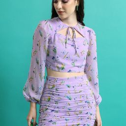 Tokyo Talkies Lavender Floral Printed Top With Ruched Skirt Co-Ords-31