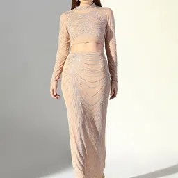 SHOWOFF Embellished High Neck Long Sleeves Top With Skirt-29