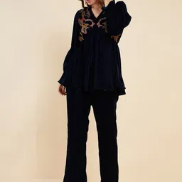 Antheaa Navy Blue Embroidered V-Neck Tunic With Trouser-picture-35
