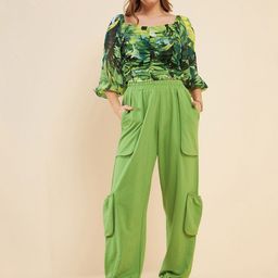 Antheaa Green Printed Square Neck Puff Sleeves Top & Cargo Trousers-image-57