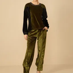 Antheaa Olive Green Embellished Velvet Top With Trouser-image-13