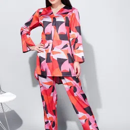 Bannos Swagger Pink & Black Abstract Printed V-Neck Night Suit-image-60