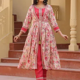 Yufta Pink Floral Embroidered Ethnic Crop Top & Trousers with Shrug-picture-1