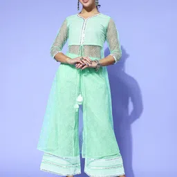 Yufta Sea Green Floral Printed Mirror Work Detailed High Slit A-Line Tunic With Palazzo-picture-55